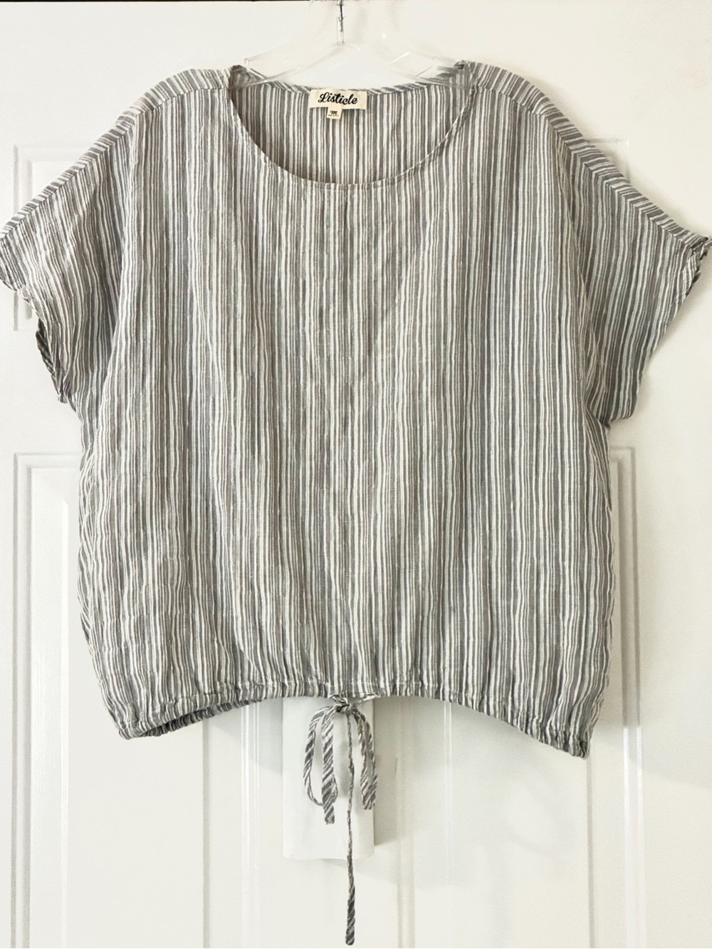 Listicle Striped Drawstring Cotton Top in Gray and White Size M